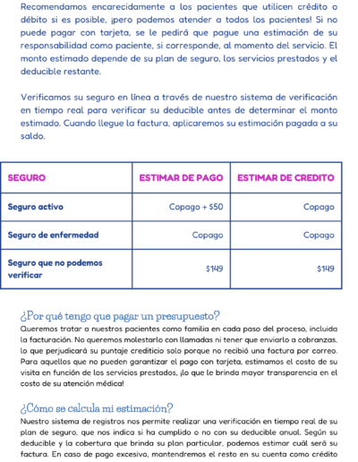 KidsStreet Cash Pay Policy Spanish