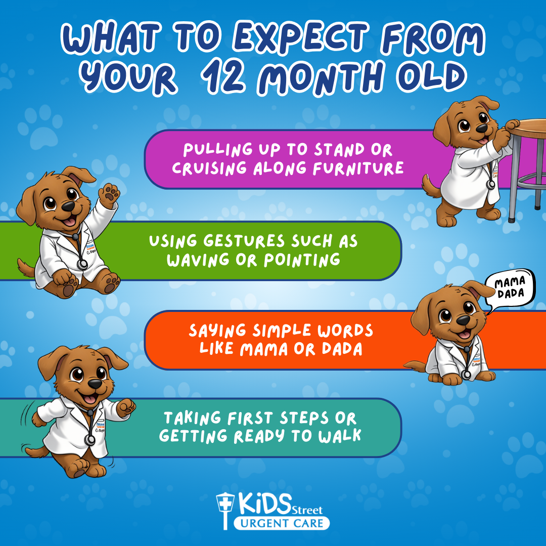 What to expect at 12 months old infographic by KidsStreet Urgent Care