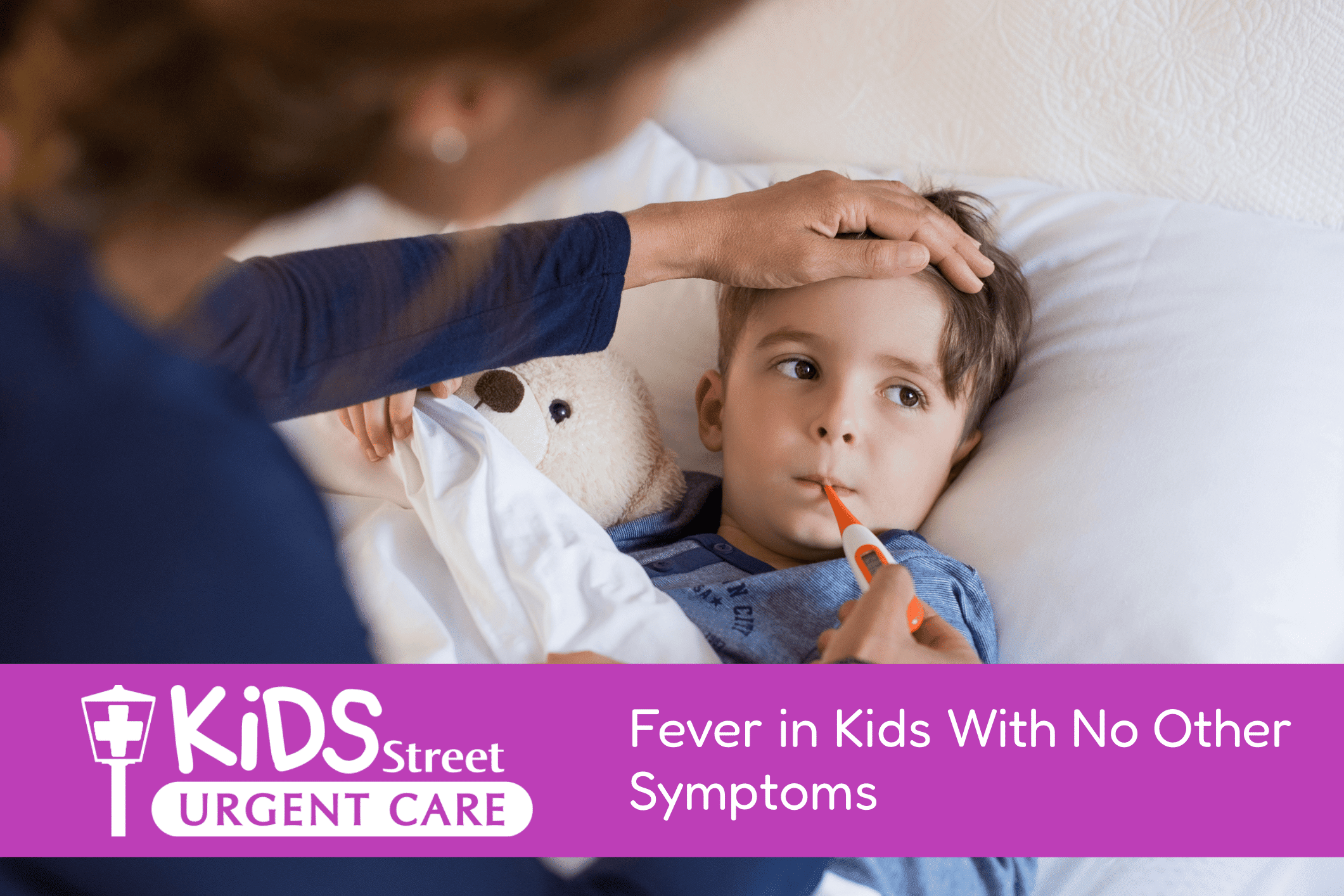 Picture of mom taking a little boy's temperature with her hand on his forehead