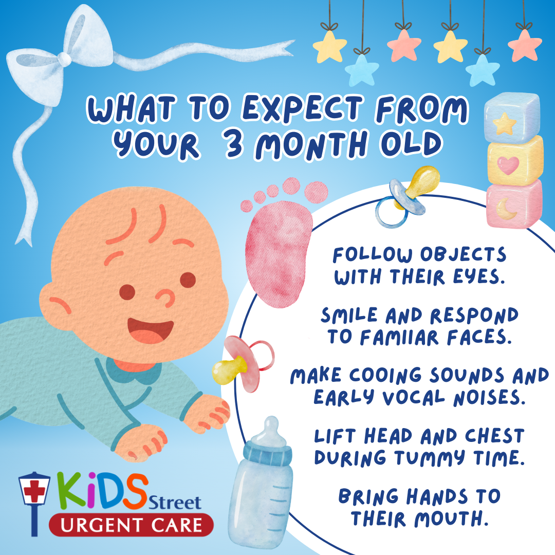 What to expect at 3 months old infographic by KidsStreet Urgent Care
